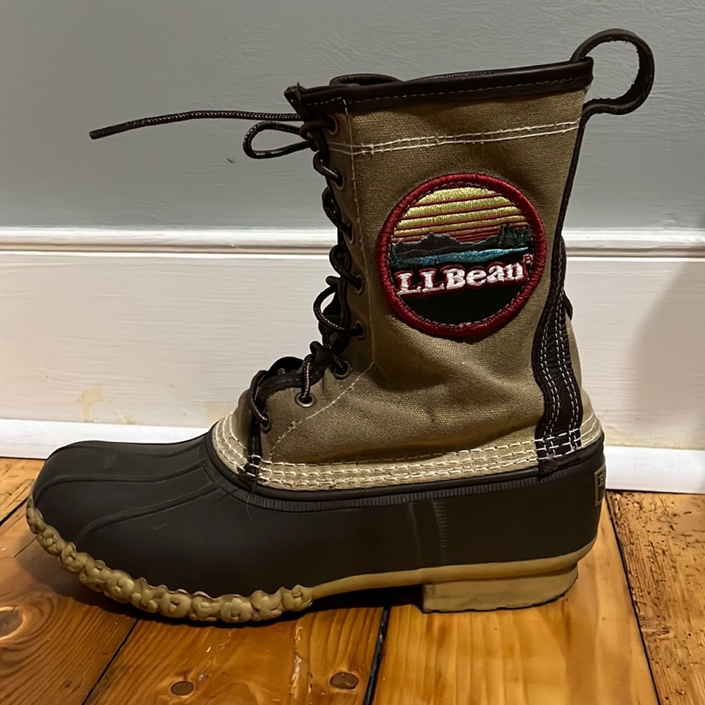 L.L. Bean waxed canvas lace-up rubber boots.